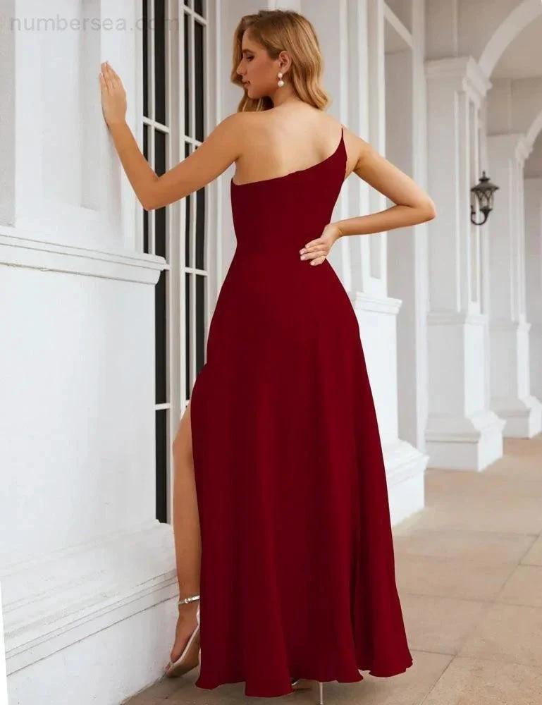 Numbersea One Shoulder Chiffon Bridesmaid Dresses Long Formal Homecoming Prom Gowns for Women Party Wedding Evening SEA28052 by numbersea