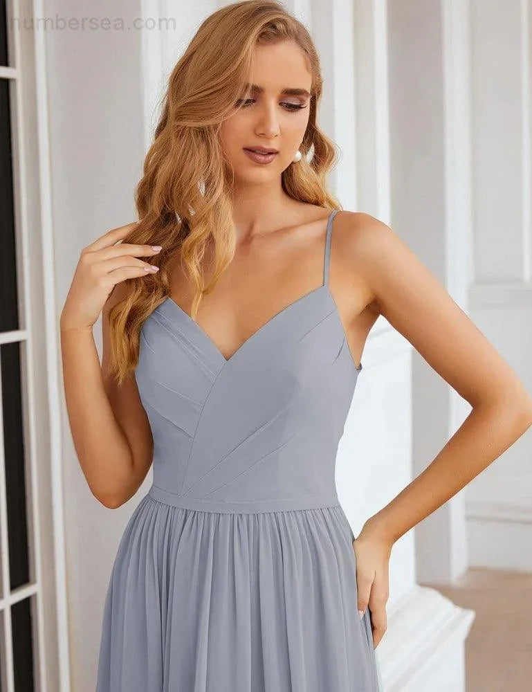 Numbersea Spaghetti-Träger Brautjungfernkleider Lange formelle Party- und Ballkleider 28060 