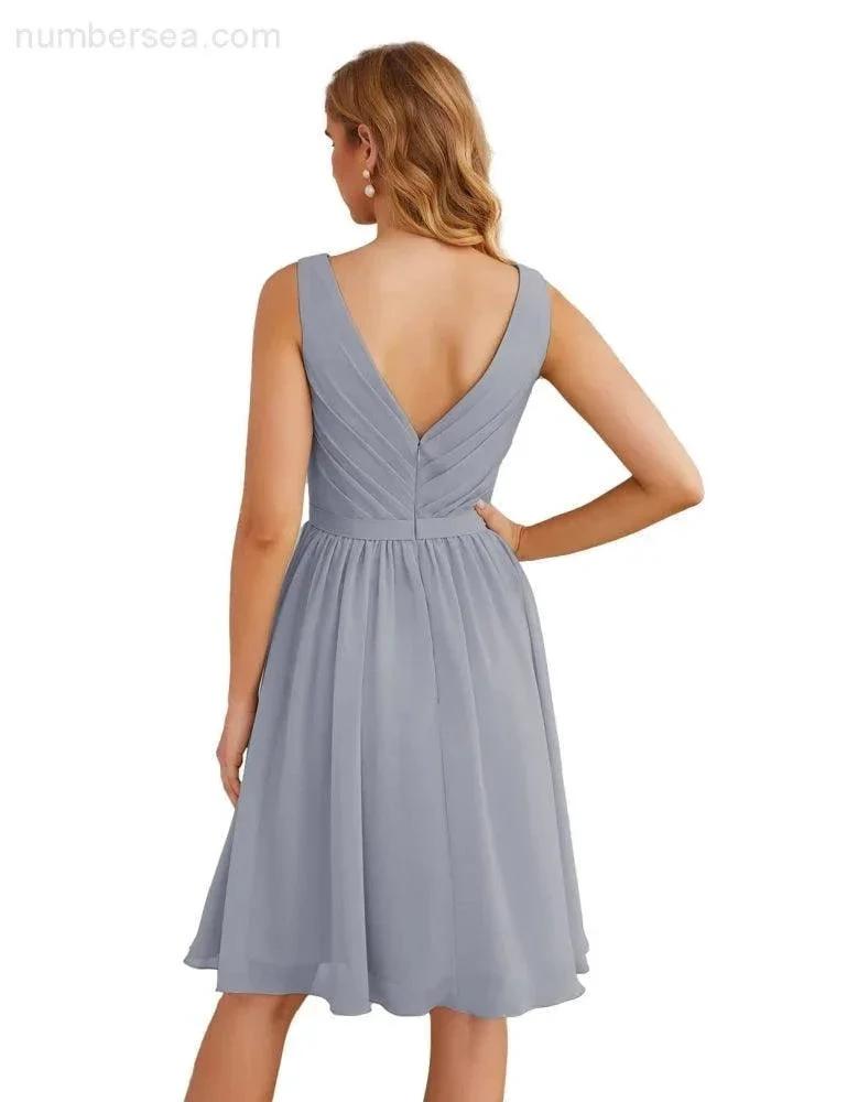 Numbersea V-Neck Bridesmaid Dresses Chiffon Short Knee Length Formal Prom Gowns for Women Party Homecoming SEA28062 by numbersea