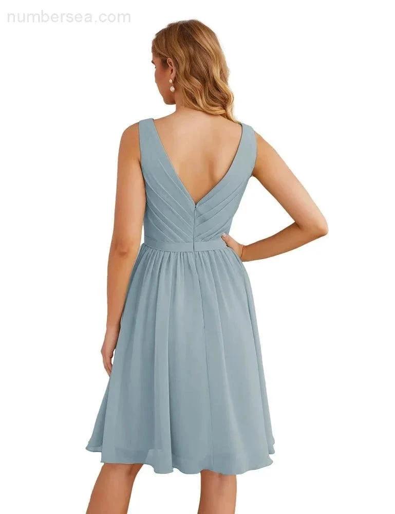 Numbersea V-Neck Bridesmaid Dresses Chiffon Short Knee Length Formal Prom Gowns for Women Party Homecoming SEA28062 by numbersea