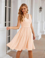 Numbersea V-Neck Bridesmaid Dresses Chiffon Short Knee Length Formal Prom Gowns for Women Party Homecoming SEA28062 by numbersea