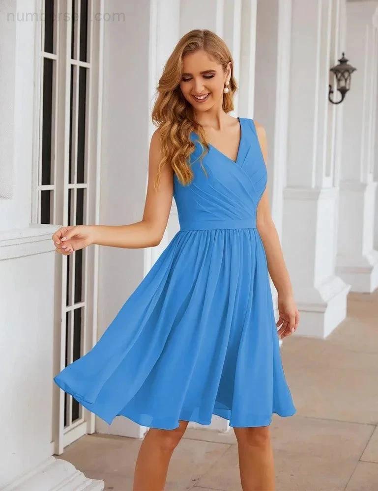Numbersea V-Neck Bridesmaid Dresses Chiffon Short Knee Length Formal Prom Gowns for Women Party Homecoming SEA28062 by numbersea