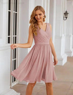 Numbersea V-Neck Bridesmaid Dresses Chiffon Short Knee Length Formal Prom Gowns for Women Party Homecoming SEA28062 by numbersea