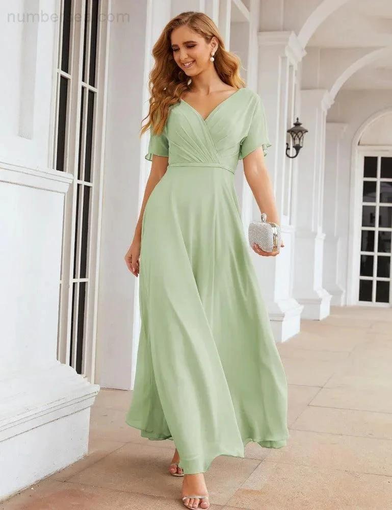 Numbersea Wrap V-Neck Chiffon Bridesmaid Dresses Long Formal Maxi Evening Gown for Wedding Guests  SEA28049