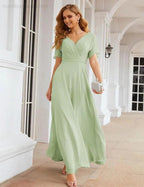 Numbersea Wrap V-Neck Chiffon Bridesmaid Dresses Long Formal Maxi Evening Gown for Wedding Guests  SEA28049