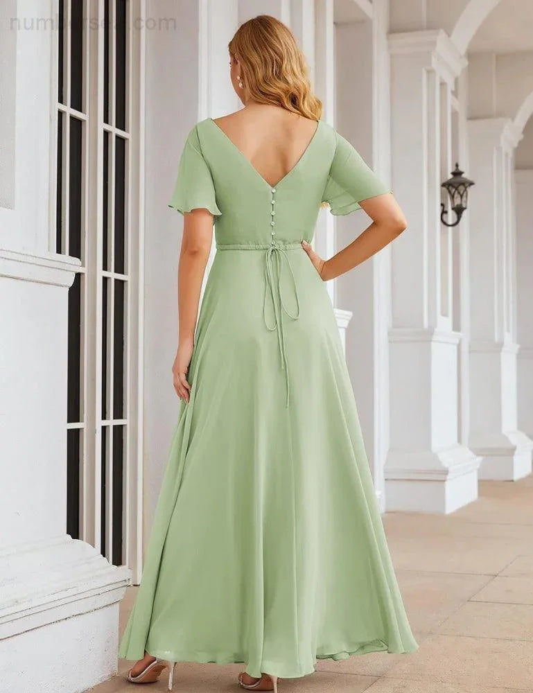 Numbersea Wrap V-Neck Chiffon Bridesmaid Dresses Long Formal Maxi Evening Gown for Wedding Guests  SEA28049