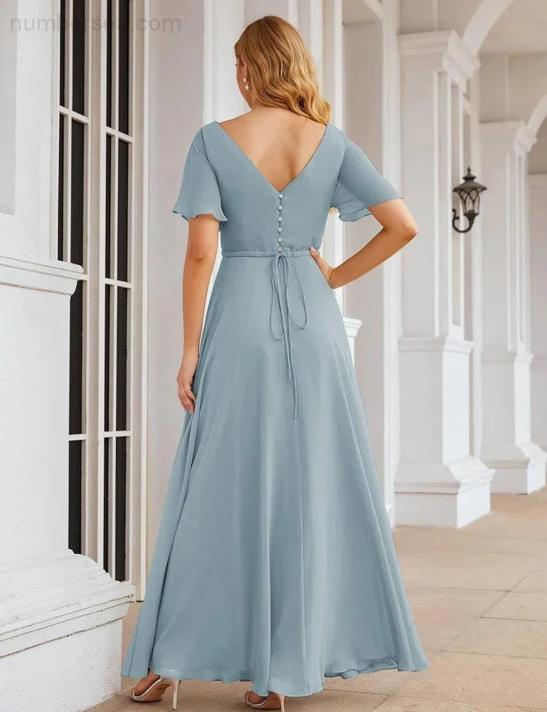 Numbersea Wrap V-Neck Chiffon Bridesmaid Dresses Long Formal Maxi Evening Gown for Wedding Guests  SEA28049