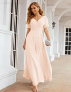 Numbersea Wrap V-Neck Chiffon Bridesmaid Dresses Long Formal Maxi Evening Gown for Wedding Guests  SEA28049