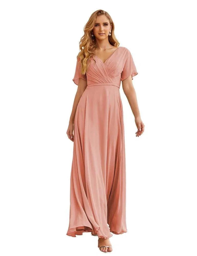 Numbersea Wrap V-Neck Chiffon Bridesmaid Dresses Long Formal Maxi Evening Gown for Wedding Guests SEA28049 by numbersea Main image