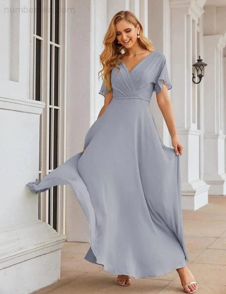 Numbersea Wrap V-Neck Chiffon Bridesmaid Dresses Long Formal Maxi Evening Gown for Wedding Guests  SEA28049