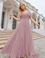 Numbersea Wrap V-Neck Chiffon Bridesmaid Dresses Long Formal Maxi Evening Gown for Wedding Guests  SEA28049