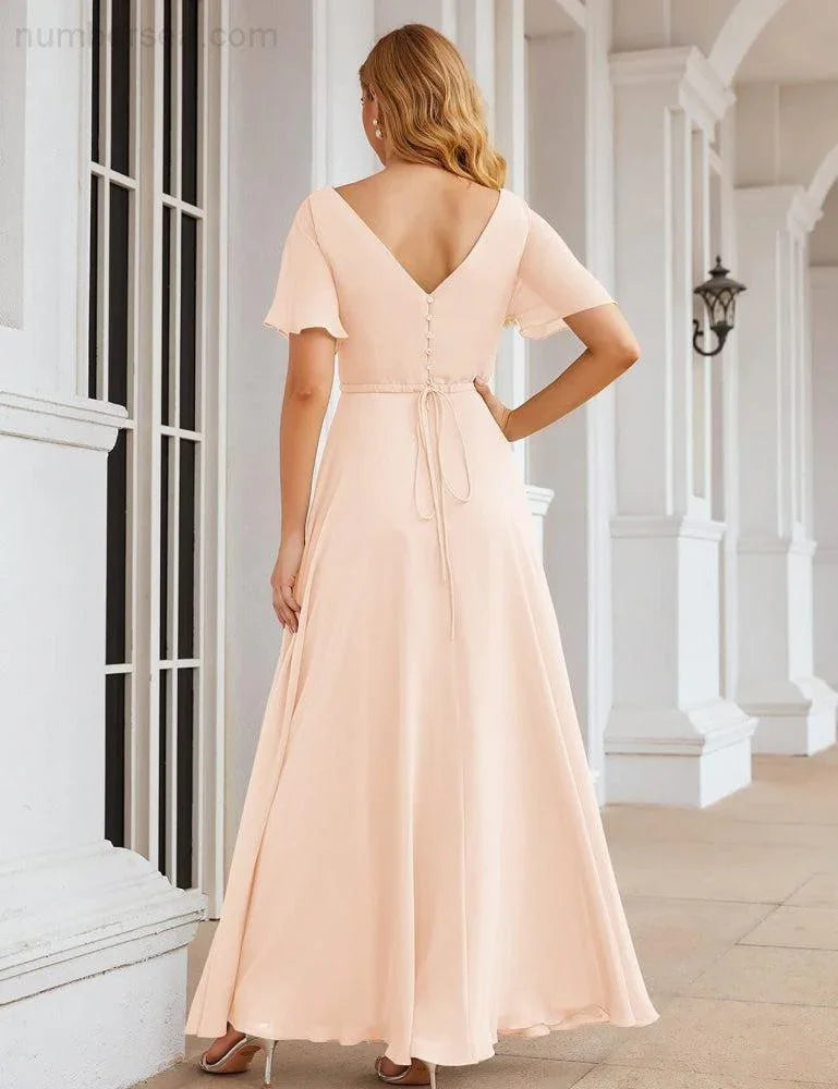 Numbersea Wrap V-Neck Chiffon Bridesmaid Dresses Long Formal Maxi Evening Gown for Wedding Guests  SEA28049
