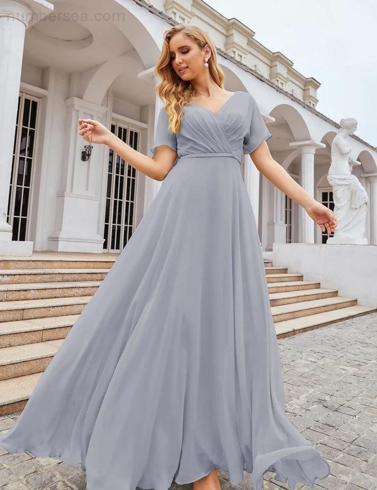 Numbersea Wrap V-Neck Chiffon Bridesmaid Dresses Long Formal Maxi Evening Gown for Wedding Guests  SEA28049