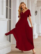 Numbersea Wrap V-Neck Chiffon Bridesmaid Dresses Long Formal Maxi Evening Gown for Wedding Guests  SEA28049