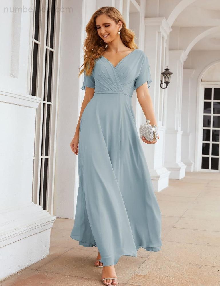 Numbersea Wrap V-Neck Chiffon Bridesmaid Dresses Long Formal Maxi Evening Gown for Wedding Guests  SEA28049