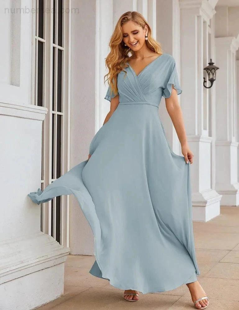 Numbersea Wrap V-Neck Chiffon Bridesmaid Dresses Long Formal Maxi Evening Gown for Wedding Guests  SEA28049
