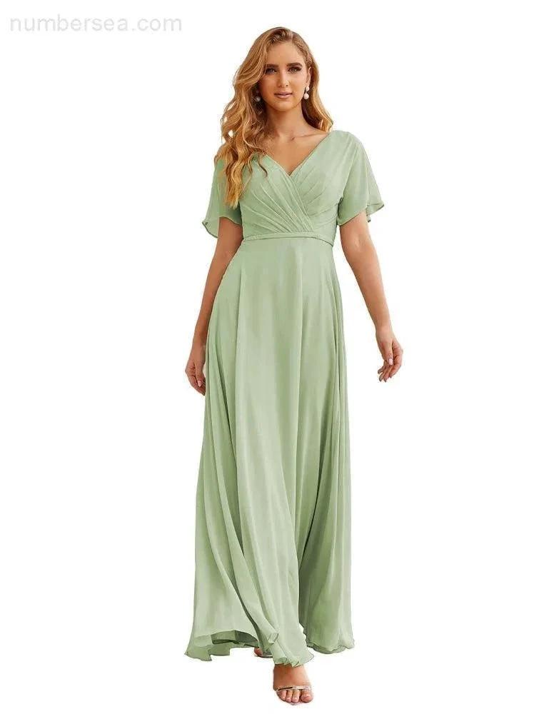 Numbersea Wrap V-Neck Chiffon Bridesmaid Dresses Long Formal Maxi Evening Gown for Wedding Guests  SEA28049