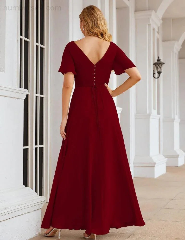 Numbersea Wrap V-Neck Chiffon Bridesmaid Dresses Long Formal Maxi Evening Gown for Wedding Guests  SEA28049