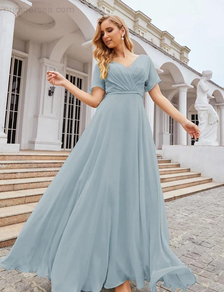 Numbersea Wrap V-Neck Chiffon Bridesmaid Dresses Long Formal Maxi Evening Gown for Wedding Guests  SEA28049
