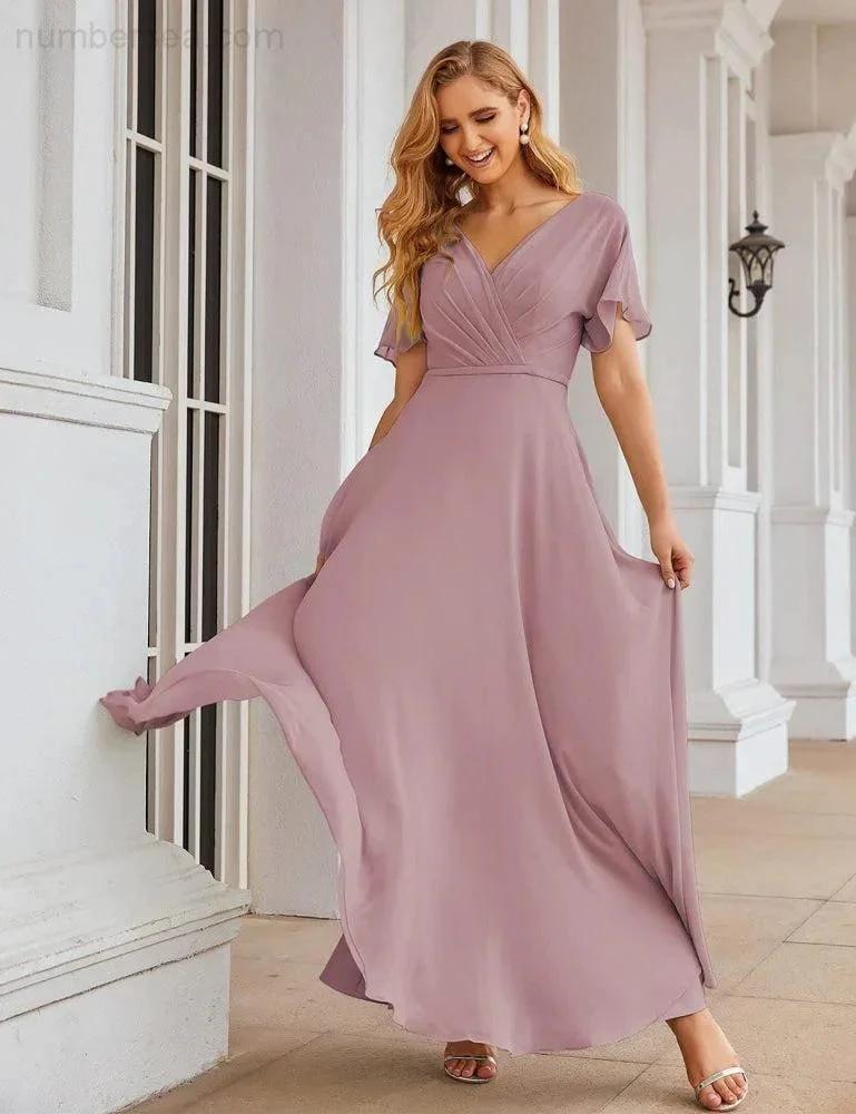 Numbersea Wrap V-Neck Chiffon Bridesmaid Dresses Long Formal Maxi Evening Gown for Wedding Guests  SEA28049
