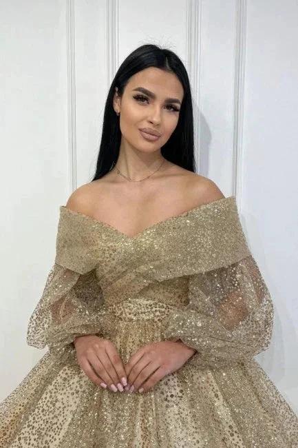 Obsessing Gold A-line Off-the-shoulder Sequined Prom Dress with Long Sleeves by misshow.com