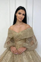 Obsessing Gold A-line Off-the-shoulder Sequined Prom Dress with Long Sleeves by misshow.com