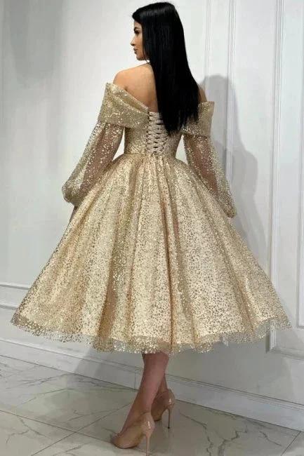 Obsessing Gold A-line Off-the-shoulder Sequined Prom Dress with Long Sleeves by misshow.com