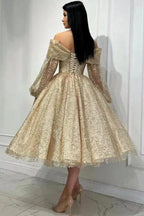 Obsessing Gold A-line Off-the-shoulder Sequined Prom Dress with Long Sleeves by misshow.com