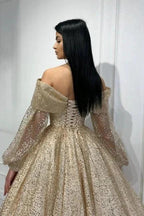 Obsessing Gold A-line Off-the-shoulder Sequined Prom Dress with Long Sleeves by misshow.com