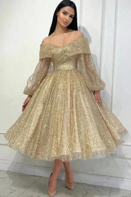 Obsessing Gold A-line Off-the-shoulder Sequined Prom Dress with Long Sleeves by misshow.com