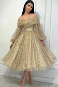 Obsessing Gold A-line Off-the-shoulder Sequined Prom Dress with Long Sleeves by misshow.com