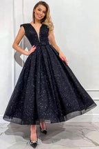 Obsessing Long Black A-line V-neck Sleeveless Sequined Prom Dress by misshow.com