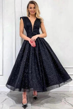 Obsessing Long Black A-line V-neck Sleeveless Sequined Prom Dress by misshow.com