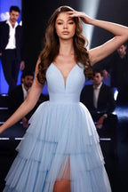 Obsessing Long Blue A-line Spaghetti Straps V-neck Tulle Prom Dress with Slit by misshow.com