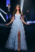 Obsessing Long Blue A-line Spaghetti Straps V-neck Tulle Prom Dress with Slit by misshow.com