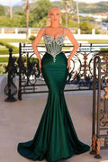 Obsessing Long Dark Green Mermaid Spaghetti Straps Satin Prom Dress with Rhinestones by misshow.com