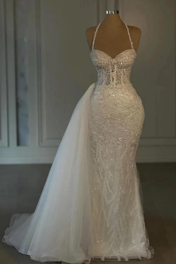 Obsessing Long Ivory Mermaid Halter Lace Beading Sleeveless Wedding Dress by misshow.com