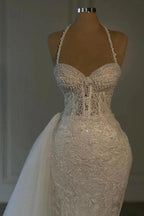 Obsessing Long Ivory Mermaid Halter Lace Beading Sleeveless Wedding Dress by misshow.com
