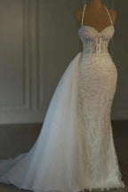 Obsessing Long Ivory Mermaid Halter Lace Beading Sleeveless Wedding Dress by misshow.com