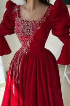 Obsessing Long Red A-line Square Neck Lace Prom Dress with Long Sleeves by misshow.com
