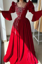 Obsessing Long Red A-line Square Neck Lace Prom Dress with Long Sleeves by misshow.com