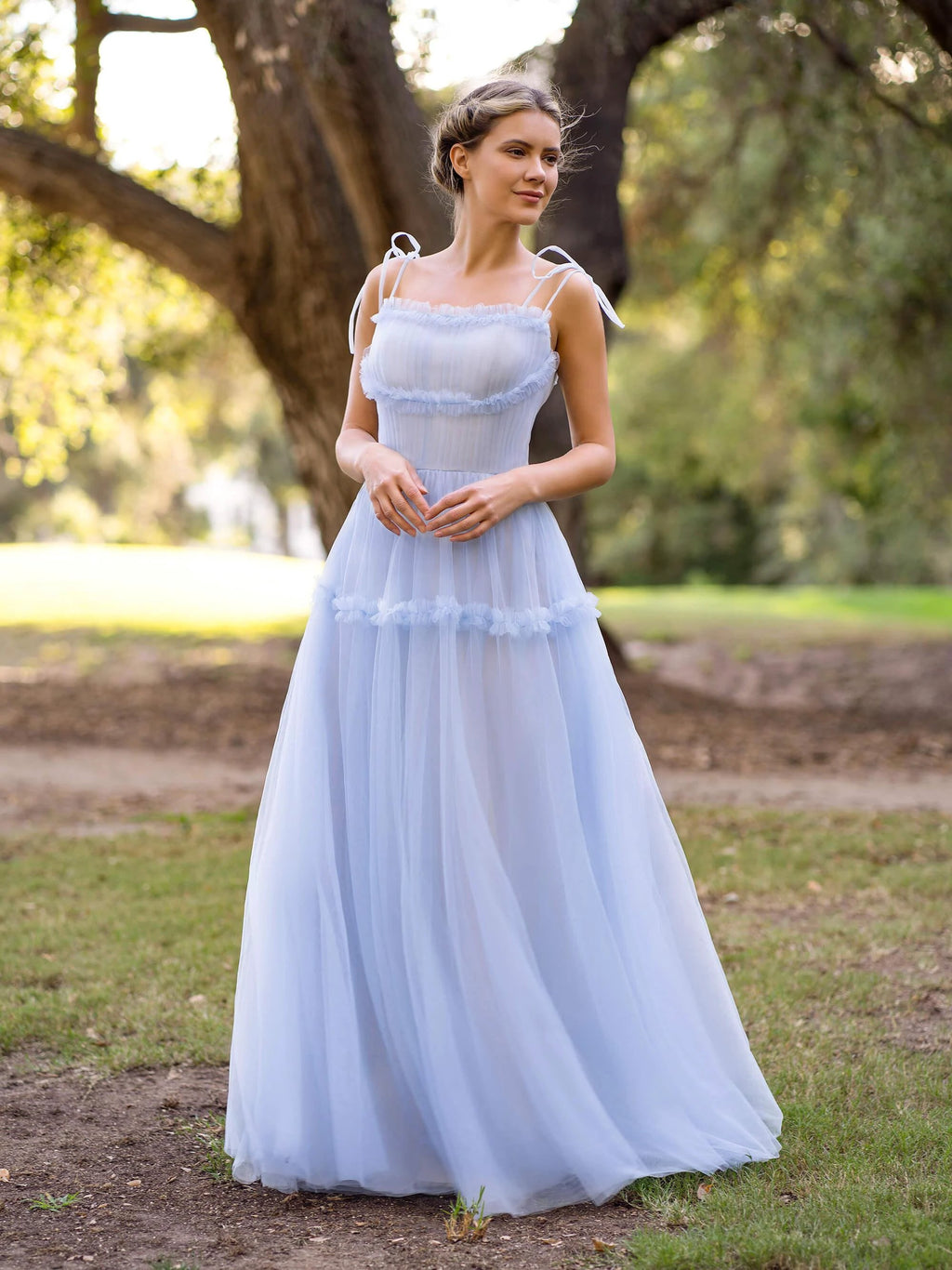 A-line Ocean Wave Tie-straps tulle long prom dress by Anne of Brittany