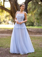 A-line Ocean Wave Tie-straps tulle long prom dress by Anne of Brittany