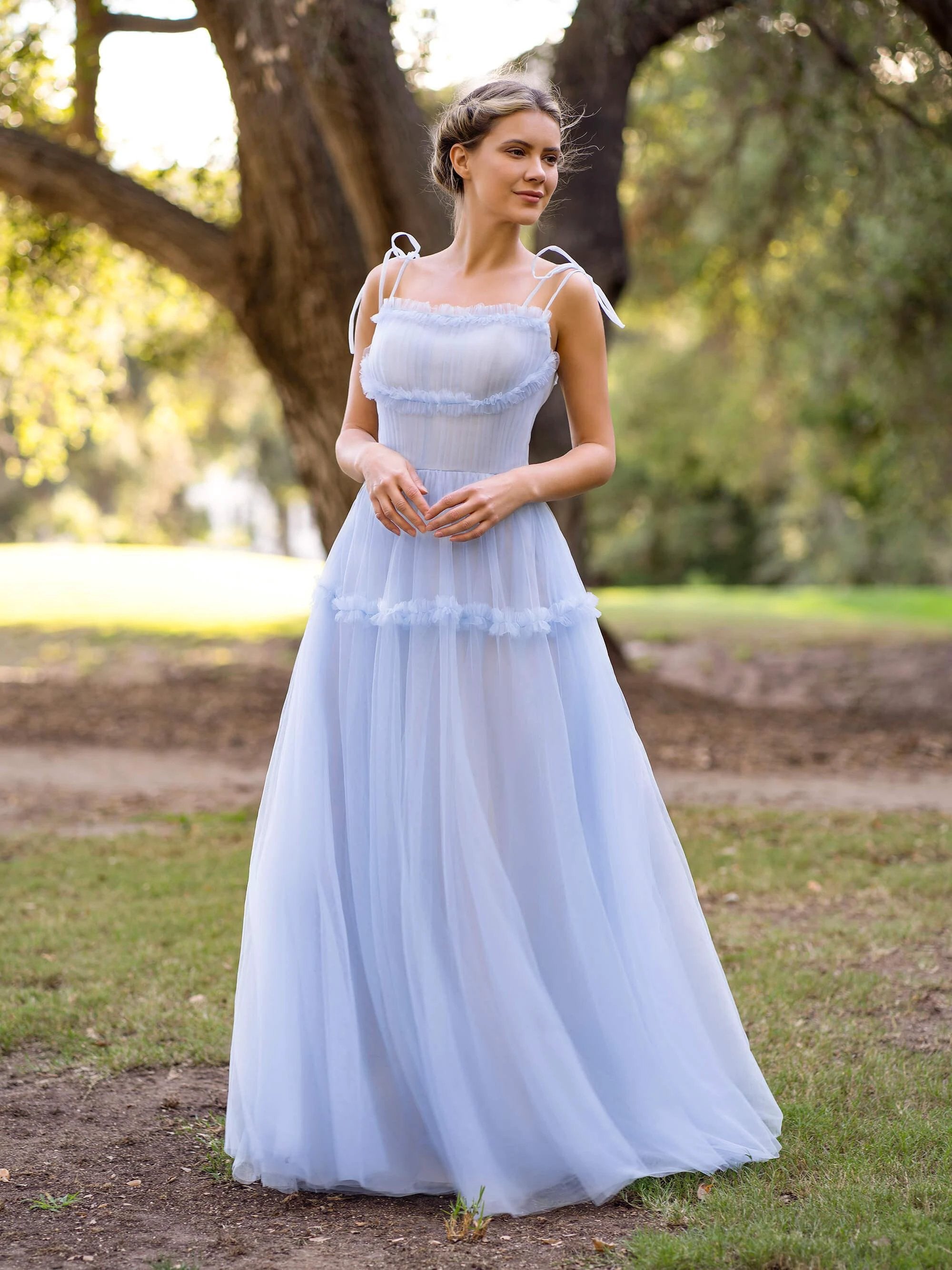 A-line Ocean Wave Tie-straps tulle long prom dress by Anne of Brittany