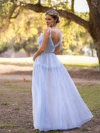 A-line Ocean Wave Tie-straps tulle long prom dress by Anne of Brittany