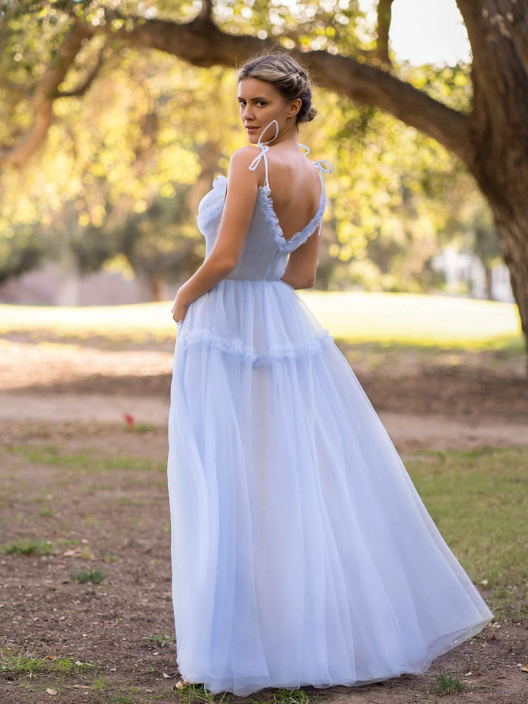 A-line Ocean Wave Tie-straps tulle long prom dress by Anne of Brittany