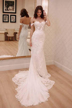 Off Shoulder Court Train Chiffon Wedding Dress with Lace Appliques WD220