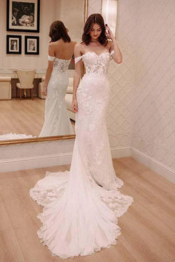 Off Shoulder Court Train Chiffon Wedding Dress with Lace Appliques WD220 by pgmdress