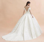 Off Shoulder Floor Length Bridal Gowns Lace Appliques Chapel Train Wedding Dress by misshow.com