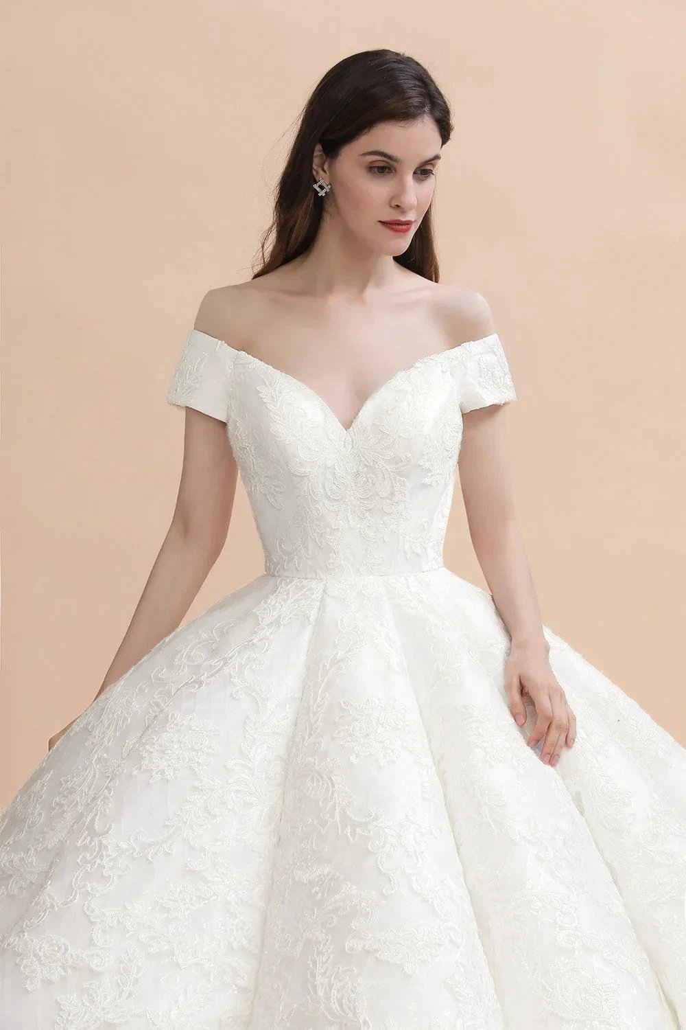 Off Shoulder Floor Length Bridal Gowns Lace Appliques Chapel Train Wedding Dress by misshow.com
